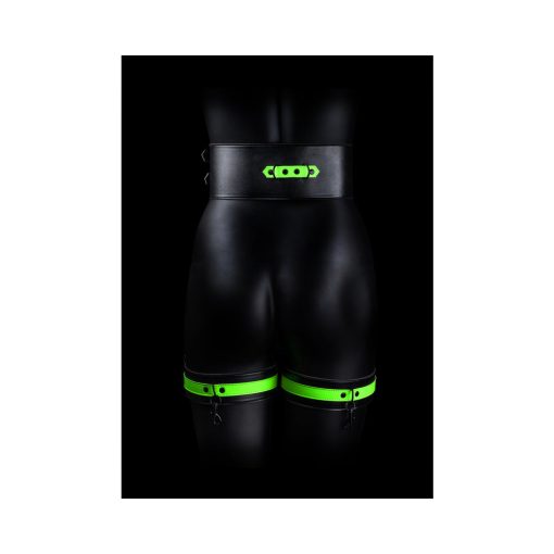 Ouch! Glow In The Dark 5-Piece Bonded Leather Thigh & Handcuffs With Belt Restraint Neon Green S/M - Image 5