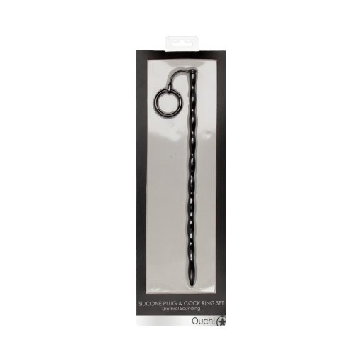 Ouch! Urethral Sounding Silicone Plug & Cock Ring Set Black 10 Mm