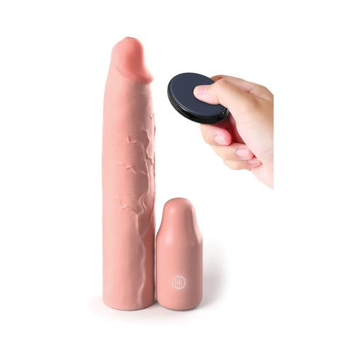 Fantasy X-Tensions Elite 9 In. Silicone Mega Extension Sleeve 3 In. Vibrating Beige - Image 2