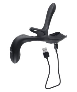 Playboy The 3 Way Rechargeable Remote Controlled Vibrating Silicone Cockring With Stimulator Black