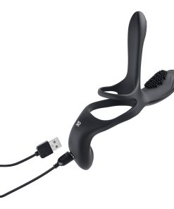 Playboy The 3 Way Rechargeable Remote Controlled Vibrating Silicone Cockring With Stimulator Black