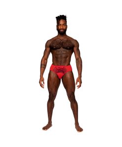 Male Power Sassy Lace Bikini Solid Pouch Red L