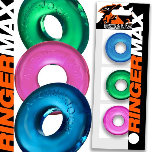 Oxballs Ringer Max 3-Pack neon extra-thick stretchy cock rings made of FLEXtpr for stamina and performance