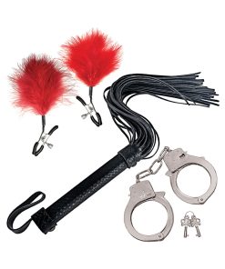 Bondage By Nasstoys Whip, Feather And Cuffs Red
