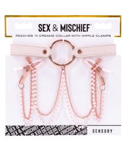 Sportsheets Sex & Mischief Peaches 'N Creame Collar With Nipple Clamps