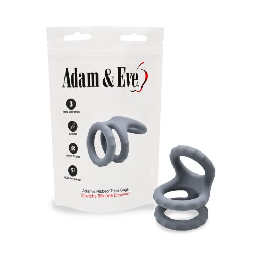 adam and eve ridged triple cock ring in gray, silicone triple-loop erection enhancer with ribbed texture