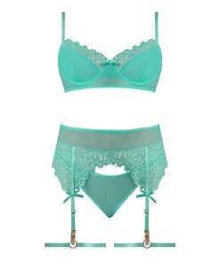 Magic Silk Caribbean Crush Demi Bra & Thong With Garter Set Aqua Glow Queen Size