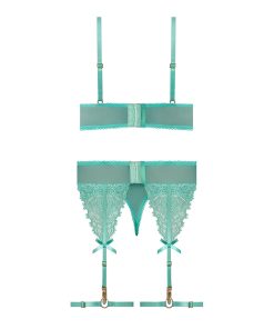Magic Silk Caribbean Crush Demi Bra & Thong With Garter Set Aqua Glow Queen Size