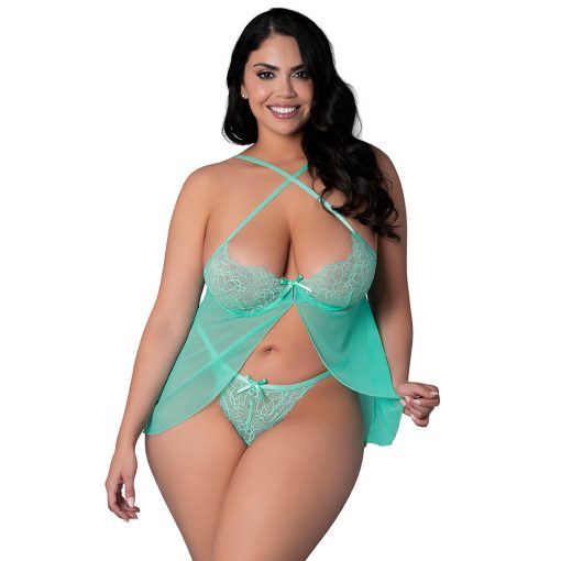 Magic Silk Caribbean Crush Flutter Babydoll & Thong Set Aqua Glow Queen Size - Image 2
