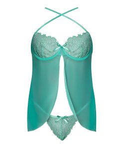 Magic Silk Caribbean Crush Flutter Babydoll & Thong Set Aqua Glow Queen Size