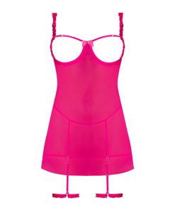 Magic Silk Pink Kink Cupless Babydoll, Harness Panty & Garter Cuffs Pink Glow S/M