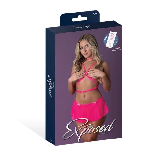 Magic Silk Pink Kink Harness Top, Open Crotch Skirt Panty & Choker Pink Glow S/M - Image 5