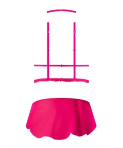 Magic Silk Pink Kink Harness Top, Open Crotch Skirt Panty & Choker Pink Glow L/Xl