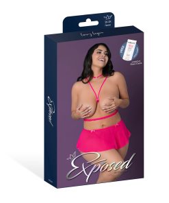 Magic Silk Pink Kink Harness Top, Open Crotch Skirt Panty & Choker Pink Glow Queen Size