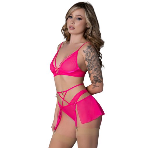 High Leg Panty & Garter Skirt Set Pink Glow S/M