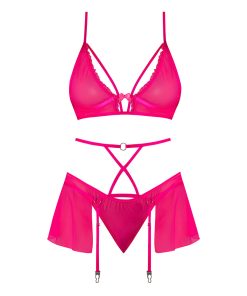 Magic Silk Pink Kink Bralette, High Leg Panty & Garter Skirt Set Pink Glow Queen Size