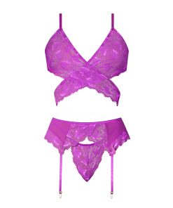 Magic Silk Butterfly Fantasies Bra, Garter & Thong Set Neon Purple S/M