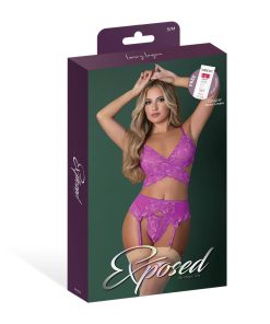 Magic Silk Butterfly Fantasies Bra, Garter & Thong Set Neon Purple S/M