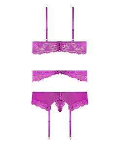 Magic Silk Butterfly Fantasies Bra, Garter & Thong Set Neon Purple L/Xl