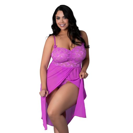 Magic Silk Butterfly Fantasies Gown & Thong Set Neon Purple Queen Size - Image 2