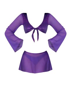 Magic Silk Glimmer Ls Crop Top, Mini Skirt & Tie Side Thong Purple Disco L/Xl