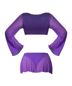 Magic Silk Glimmer Ls Crop Top, Mini Skirt & Tie Side Thong Purple Disco Queen Size
