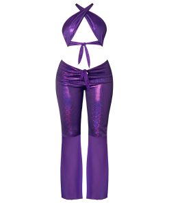 Magic Silk Glimmer Wrap Halter & Flair Pant Set Purple Disco S/M