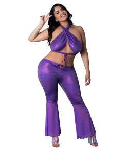Magic Silk Glimmer Wrap Halter & Flair Pant Set Purple Disco Queen Size