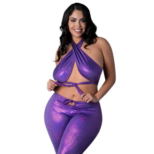 Magic Silk Glimmer Wrap Halter & Flair Pant Set Purple Disco Queen Size - Image 5