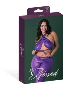 Magic Silk Glimmer Wrap Halter & Flair Pant Set Purple Disco Queen Size