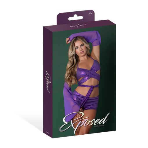 Magic Silk Glimmer Wrap Bralette, Booty Shorts & Sleeve Set Purple Disco S/M - Image 7