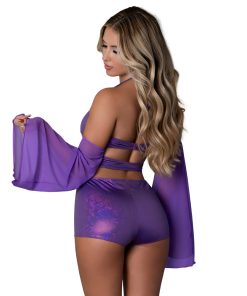 Magic Silk Glimmer Wrap Bralette, Booty Shorts & Sleeve Set Purple Disco L/Xl