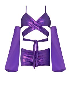 Magic Silk Glimmer Wrap Bralette, Booty Shorts & Sleeve Set Purple Disco Queen Size