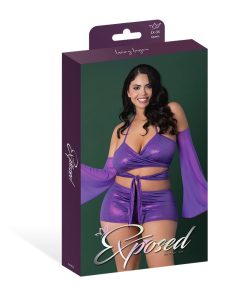 Magic Silk Glimmer Wrap Bralette, Booty Shorts & Sleeve Set Purple Disco Queen Size