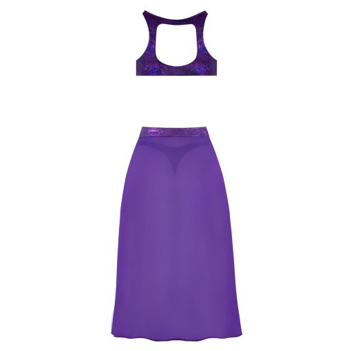 Magic Silk Glimmer High Neck Crop Top, Flowy Skirt & Tanga Set Purple Disco S/M - Image 6