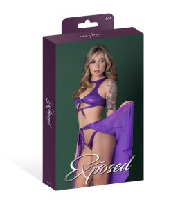 Magic Silk Glimmer High Neck Crop Top, Flowy Skirt & Tanga Set Purple Disco S/M