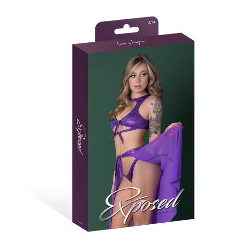 Magic Silk Glimmer High Neck Crop Top, Flowy Skirt & Tanga Set Purple Disco S/M - Image 7