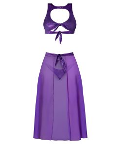 Magic Silk Glimmer High Neck Crop Top, Flowy Skirt & Tanga Set Purple Disco L/Xl