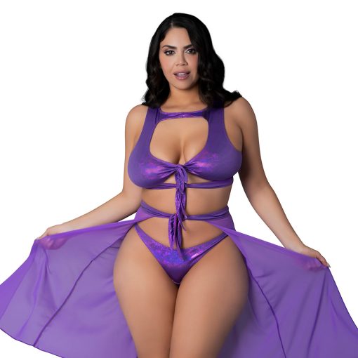 Magic Silk Glimmer High Neck Crop Top, Flowy Skirt & Tanga Set Purple Disco Queen Size - Image 3