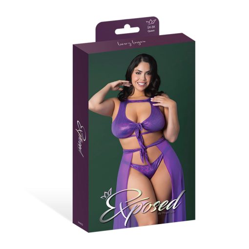 Magic Silk Glimmer High Neck Crop Top, Flowy Skirt & Tanga Set Purple Disco Queen Size - Image 5