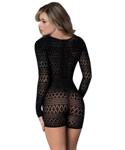Magic Silk Seamless Long Sleeve Romper Black With Rhinestones O/S