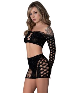 Magic Silk Seamless Crop Top & Short Set Black With Rhinestones O/S
