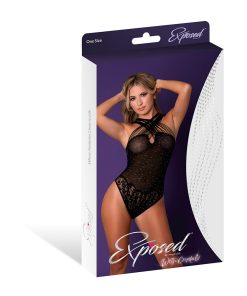 Magic Silk Seamless Crotchless Teddy Black With Rhinestones O/S