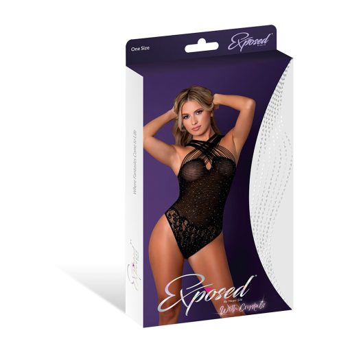 Magic Silk Seamless Crotchless Teddy Black With Rhinestones O/S - Image 5