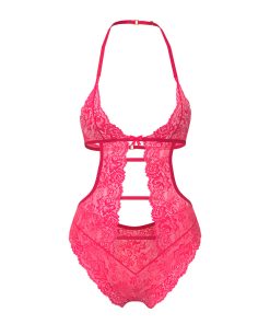 Magic Silk Get It Girl Halter Teddy With Snap Crotch Diva Pink L/Xl