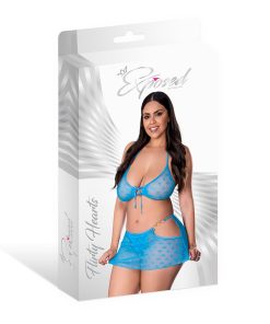 Magic Silk Flirty Hearts Halter Bra, Flutter Skirt & G-String Set Blue Sugar Queen Size