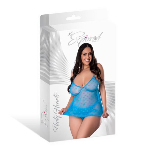 Magic Silk Flirty Hearts Flutter Babydoll & High Leg Tanga Set Blue Sugar Queen Size - Image 4