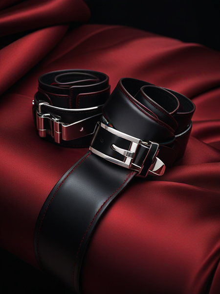 Elegant black leather cuffs on red satin, fetish and BDSM accessories for intimate exploration.
