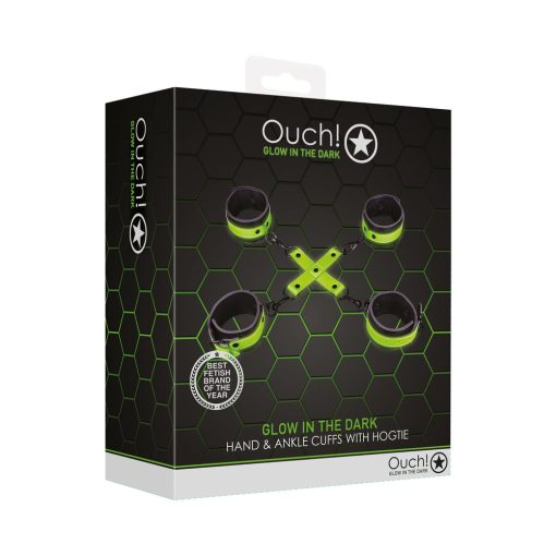 Ouch! Glow In The Dark Hand & Ankle Cuffs With Hogtie Set Neon Green