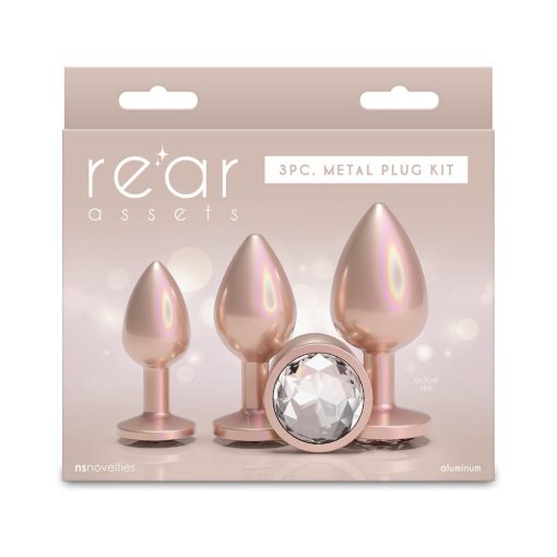 metal anal plug kit with iridescent champagne finish and clear gem – Rear Assets 3-Piece Metal Plug Kit – body-safe aluminum plugs for beginners